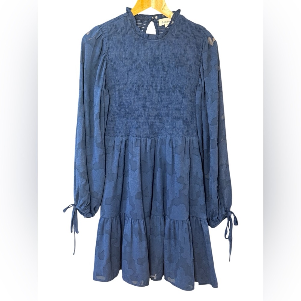 &MERCI Navy Smocked Tiered Mini Dress Long Sleeve Size S